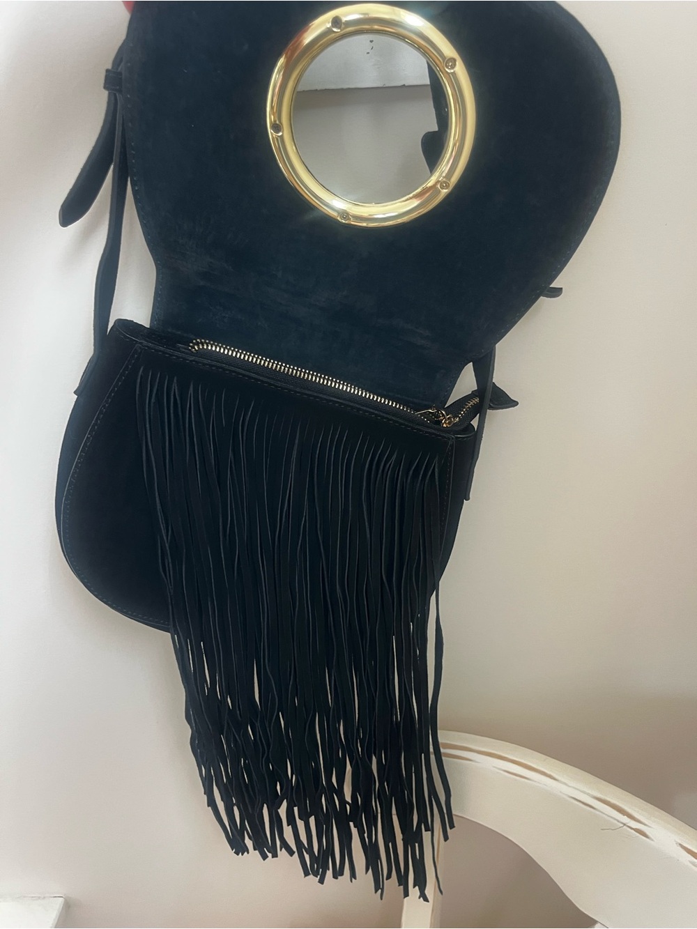 Black Fringe Crossbody Bag with Gold Ring Accent by INZI - Picture 4 of 11